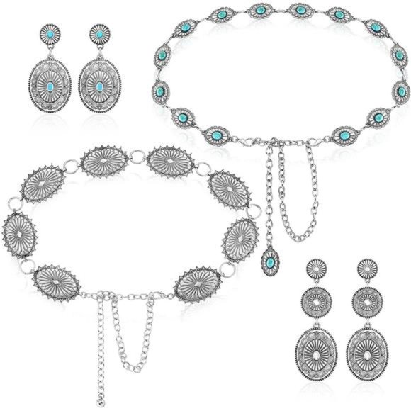 4 Pcs Turquoise Chain Belt Concho Post Earrings Set Metal Waist Belts 2 Pairs main image 4